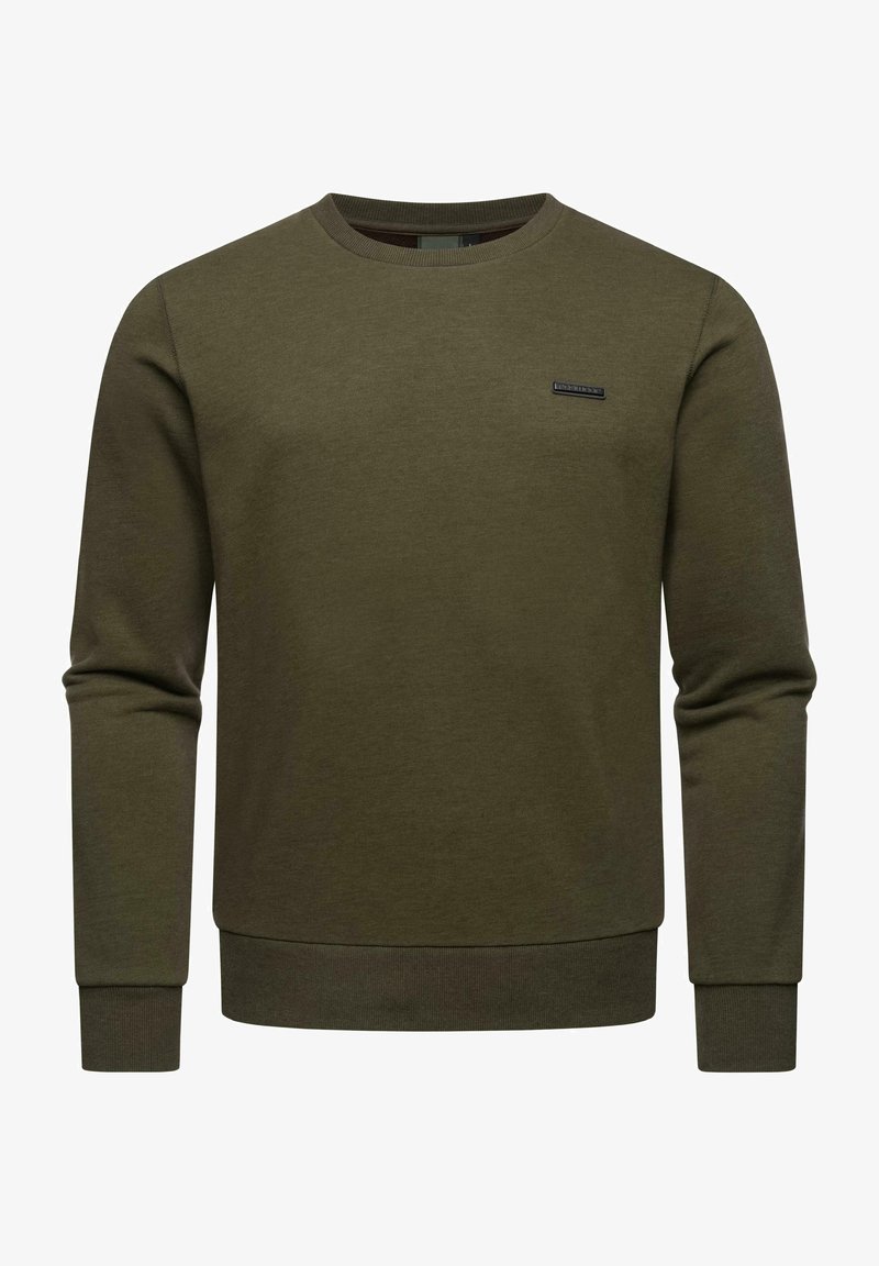 Felpa verde oliva realizzata in misto cotone, con colletto a girocollo, maniche lunghe, polsini a costine e un piccolo logo ricamato sul petto.
