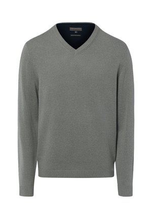 Maglione grigio chiaro a maniche lunghe con scollo a V, polsini e orlo a coste, realizzato in tessuto di cotone fine.