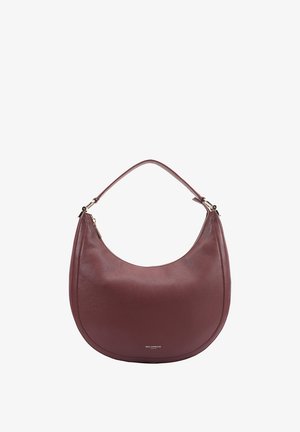 Burgundy leather shoulder bag with a curved shape, smooth texture, and a single top handle. Features a zipper closure and subtle branding.