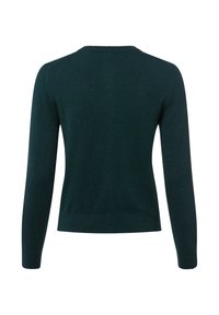 Dunkelgrüner, langärmeliger Strickpullover mit Rundhalsausschnitt und gerippten Bündchen, von hinten auf einem weißen Hintergrund gezeigt.