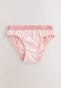 Culotte en coton à motif floral rose avec une ceinture douce et extensible et des bords élastiques. Présente un motif léger et délicat sur toute la surface.