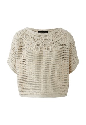 Roomkleurige gehaakte top met korte mouwen, voorzien van een ingewikkeld luspatroon langs de halslijn en een los, luchtig weefsel in het hele kledingstuk.