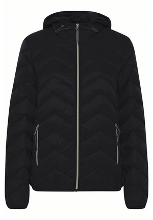 Doudoune noire avec capuche, dotée d'un design matelassé en chevron, d'une fermeture éclair à l'avant et de poches latérales zippées.