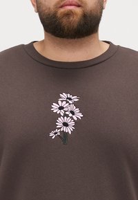 Brown sweatshirt featuring embroidered pink daisies on the front. Crew neckline and textured fabric. Simple floral design accent.