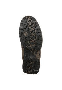 Gummisula med ett multidirektionellt greppmönster och en logotyp. Färg: svart med bruna accenter. Suede och mesh ovandel synlig vid kanterna.