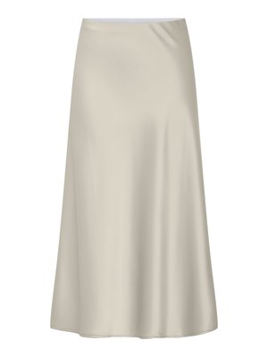Knee-length A-linje kjol i mjuk beige tyg, med en slät textur och enkel, utan dekoration design med elastisk midja.