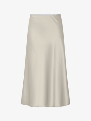 Knie-lange A-Linien-Rock aus weichem beigen Stoff, der eine glatte Textur und ein einfaches, unverziertes Design mit einem elastischen Bund aufweist.