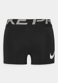 Mustat urheilushortsit, joissa on leveä vyötärönauha ja "NIKE PRO" -teksti. Valkoinen Nike-logo sijaitsee oikeassa alakulmassa. Suzuki-sileä ja joustava kangas.