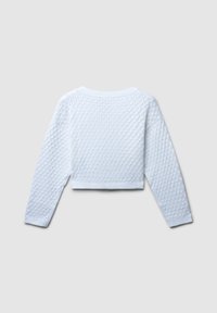 Gekürzter, langärmeliger Pullover in Hellblau mit einem strukturierten Wabenmuster, gerippten Bündchen und einem runden Ausschnitt.