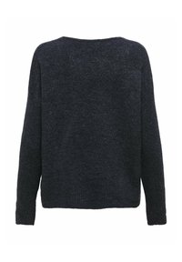 Donkergrijze gebreide trui, losse pasvorm, ronde halslijn, lange mouwen, textuurstof, geribde mouwen en onderzoom, minimalistische details.