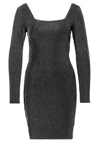 Zwarte, aansluitende jurk met lange mouwen, vierkante halslijn en verticale zilveren strepen. Soepele textuur met een strak, getailleerd ontwerp.