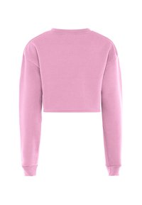 Korte rozige sweatshirt met lange mouwen, ronde halslijn en geribbelde boorden. Gladde textuur zonder zichtbare patronen of versieringen.