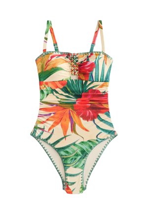 Maillot de bain une pièce avec imprimé floral tropical multicolore, plissé au centre devant, bretelles réglables et fond beige.