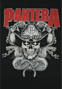 Sort t-shirt med en grafisk design af et kranium med en hat, omgivet af slanger, samt ordene "PANTERA" og "COWBOYS FROM HELL" i rød.