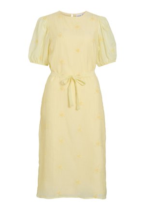 Light yellow midi dress with puff sleeves, round neckline, fabric belt tied at waist, and subtle floral embroidery throughout.