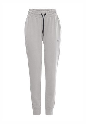 Light grey sweatpants made of soft fabric, featuring an elastic waistband with drawstring, ribbed cuffs, and a small logo on the thigh.