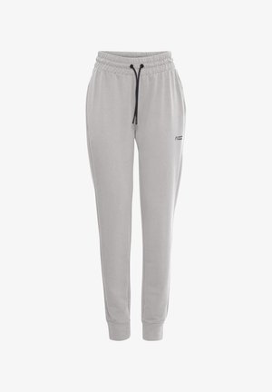 Light grey sweatpants made of soft fabric, featuring an elastic waistband with drawstring, ribbed cuffs, and a small logo on the thigh.
