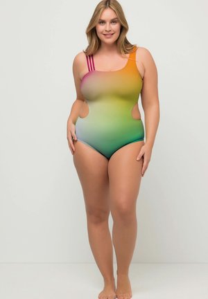 Maillot de bain une pièce avec un motif dégradé allant de l'orange au vert, présentant des côtés découpés et des bretelles roses. Tissu lisse et extensible.