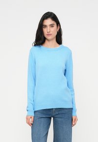 Pull en tricot bleu clair avec col rond et poignets côtelés. Texture douce, porté avec un jean décontracté. Design simple et classique.