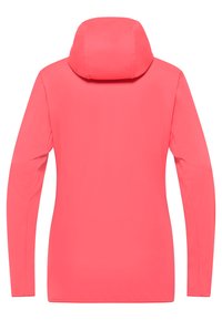 Giacca rosa con cappuccio e maniche lunghe, realizzata in materiale leggero e liscio. Presenta un design semplice e un colore uniforme in tutto l'indumento.