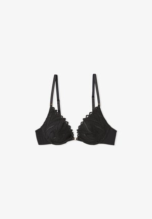 Reggiseno nero con design triangolare, cuciture decorative a strati, spalline regolabili e dettagli in tonalità oro sul davanti.