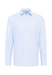 Lichtblauwe gestreepte shirt met een klassieke kraag, lange mouwen en een knopsluiting. Bevat witte knopen en een soepele katoenen textuur.