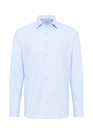 Hellblau gestreiftes Hemd mit klassischem Kragen, langen Ärmeln und Knopfleiste. Verfügt über weiße Knöpfe und eine glatte Baumwolltextur.