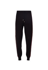 Schwarze Sweatpants aus weichem Material, mit seitlichen Streifen in einem dezenten Muster, elastischem Bund mit Kordelzug und gerippten Abschlüssen.