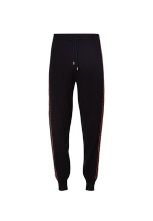 Svart joggebukser laget av mykt stoff, med sidestriper med et subtilt mønster, elastisk midjebånd med snøring, og avsmalnede nederdeler.