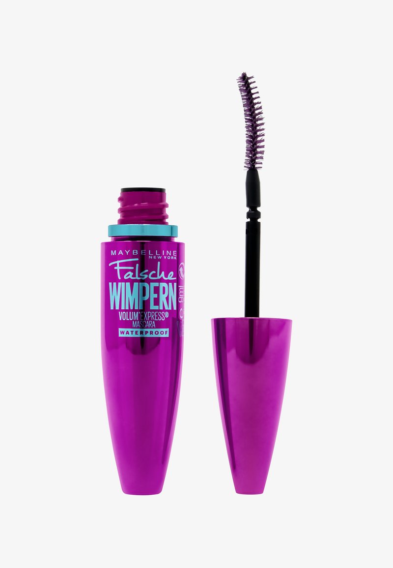 Tubetto di mascara viola con accenti turchesi, dotato di un pennello curvo e setole. L'etichetta recita "Falsche Wimpern Volum' Express Waterproof."