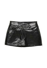 Sort lædermininederdel med en blank overflade, klassisk design med fem lommer og knaplukning foran med metalaccenter.