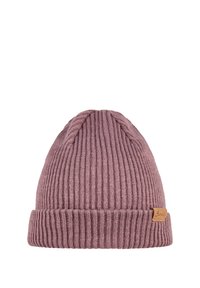 Ribbed knit beanie in mauve with a folded cuff and a small leather tag. Material appears soft and stretchy, suitable for cold weather.