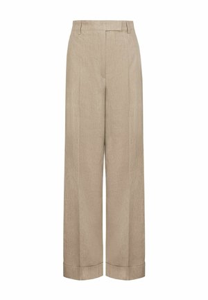 Beige bukser med vide ben med bæltestropper og opbuk på benene, med høj talje og en skræddersyet, glat stoffinish.