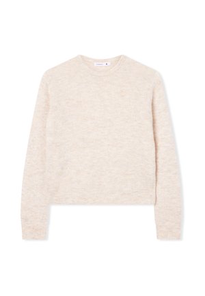 Jasno beżowy, krótkiego kroju sweter wykonany z miękkiej, teksturowanej tkaniny. Posiada długie rękawy oraz okrągły dekolt z prążkowanymi mankietami i dolną krawędzią.