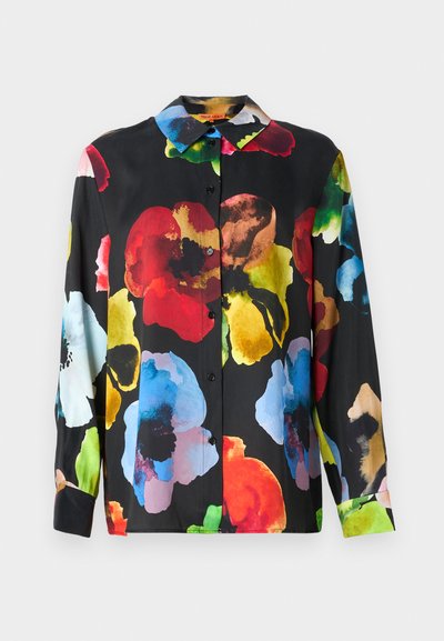 Long-sleeve blouse with a black background and colorful floral pattern in red, blue, green, and yellow. Features a collared neck and buttons.
