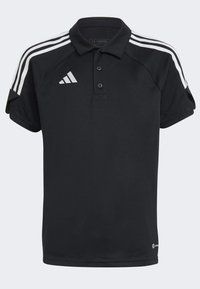 Zwarte poloshirt van ademend materiaal, met een drie-knopenopening, witte strepen op de schouders en een Adidas-logo.