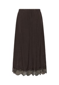 Jupe midi noire avec taille élastique et bordure en dentelle festonnée à l’ourlet, réalisée en tissu lisse légèrement brillant.