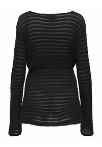 Musta pitkähihainen paita, jossa on teksturoitu, ribbineulottu kuvio. Siinä on leveä pääntie ja istuva vyötärö, joka luo rentoutuneen siluetin.