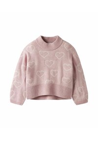 Rosa stickad tröja med vita hjärtan som är konturerade, ribbad hög krage, mudd och nederkant, med en något kortad, lös passform.