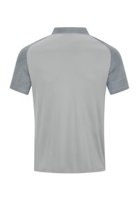 Grijs poloshirt met korte mouwen, een effen achterkant en gemusterde accenten in lichter grijs op de schouders en mouwen.