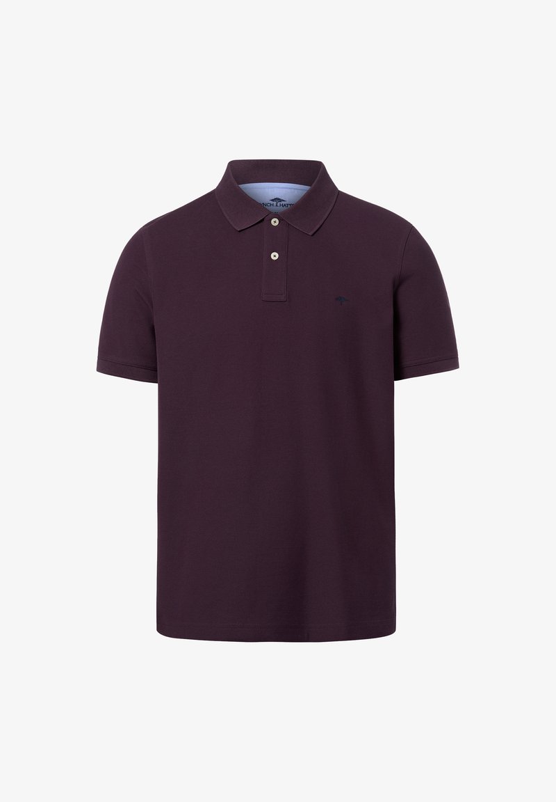 Polo a maniche corte di colore viola scuro con colletto, due bottoni e un piccolo logo ricamato sul petto a sinistra.