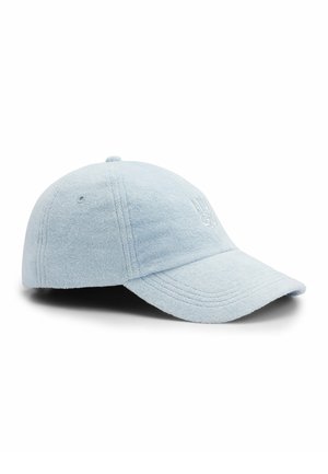 Cappellino da baseball in spugna azzurro chiaro con visiera curva e logo ricamato sottile sulla parte frontale.