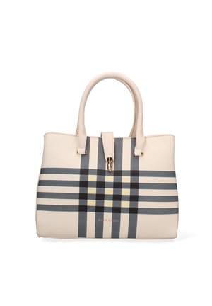 Borsa beige con una forma strutturata, caratterizzata da un motivo a quadri blu e giallo, hardware dorato e doppi manici superiori.
