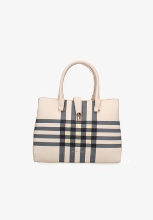 Beige handbag with a structured shape, featuring a blue and yellow plaid pattern, gold hardware, and dual top handles.