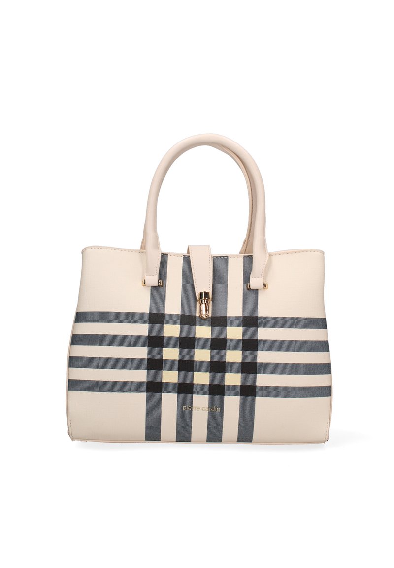 Borsa beige con una forma strutturata, caratterizzata da un motivo a quadri blu e giallo, hardware dorato e doppi manici superiori.