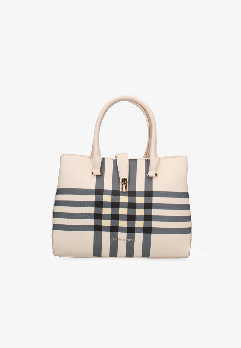 Borsa beige con una forma strutturata, caratterizzata da un motivo a quadri blu e giallo, hardware dorato e doppi manici superiori.