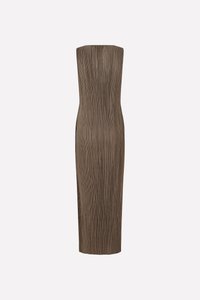 Ärmelloses braunes Midikleid mit vertikalen Falten, taillierter Silhouette und glatter Textur. Keine sichtbaren Verschlüsse oder zusätzlichen Akzente.