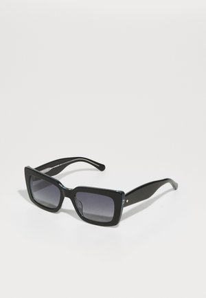 Black rectangular sunglasses with gradient gray lenses; glossy plastic frame and tapered arms; subtle logo detail on the side.