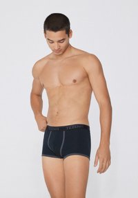 Schwarze Boxerbriefs mit grauen Akzenten, dehnbarem Bund mit "TEZENIS"-Logo, glatte Textur, körpernahe Passform und mittellange Beine.
