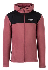 Giacca in pile con corpo rosa e parte superiore nera, dotata di cappuccio, chiusura con zip e tasche laterali. Logo visibile sul petto.